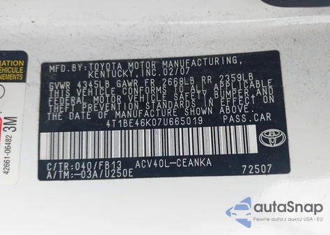 2007 Toyota Camry Le из США, поврежденный, VIN 4T1BE46K07U665019